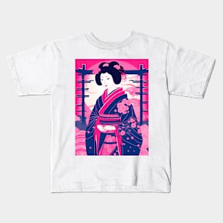 Japanese geisha girl, pink neon colors retro print Kids T-Shirt